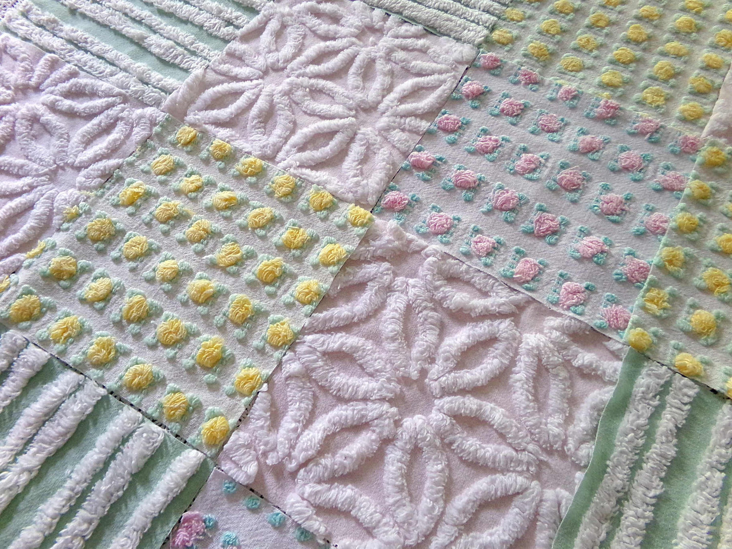Chenille Squares Set, "Spring Bliss," 16 Vintage Fabric Quilt Blocks, 6" inch in White Daisy, Pink & Yellow Rosebud, Mint Green