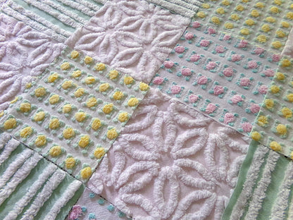 Chenille Squares Set, "Spring Bliss," 16 Vintage Fabric Quilt Blocks, 6" inch in White Daisy, Pink & Yellow Rosebud, Mint Green