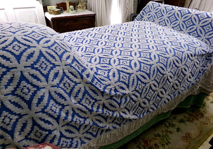 coastal cottage blue vintage chenille bedspread, cobalt & white geometric design, 100% cotton twin size summer coverlet with fringe