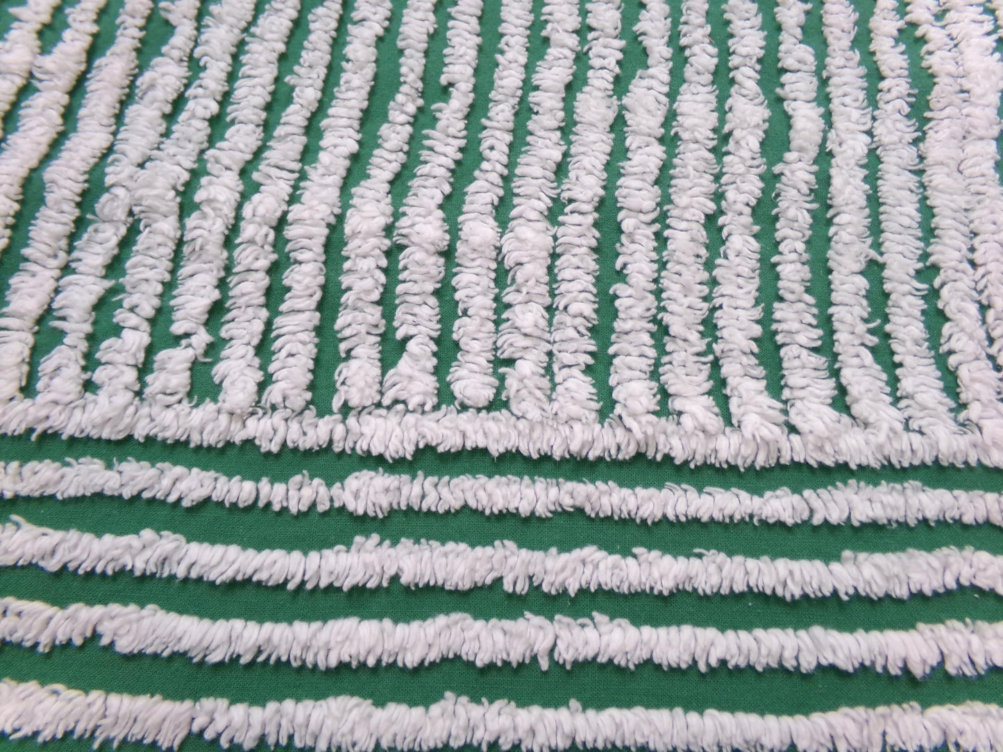 Green & Snow White Vintage Chenille Bedspread Fabric, Geometric Stripes 15" x 26" piece