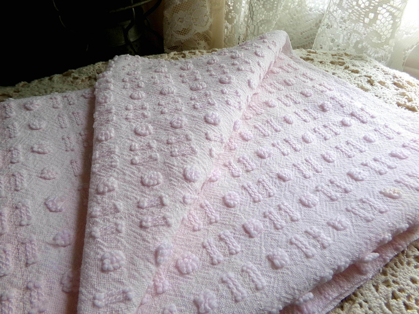 Pink Wink Vintage Chenille Fabric, Mini Dot Dash Pattern, 18" x 24" Quilt Material
