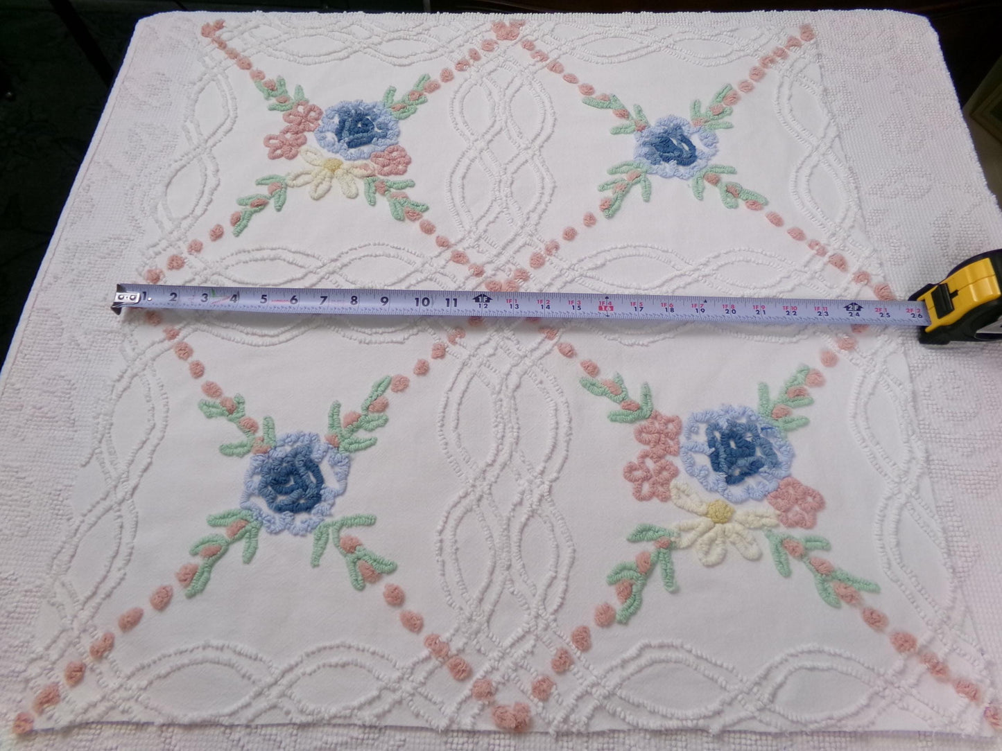 Autumn Wildflower Vintage Chenille Bedspread Fabric, Floral Quilt Material, 25" x 24" piece