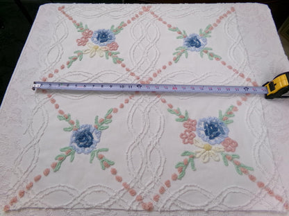 Autumn Wildflower Vintage Chenille Bedspread Fabric, Floral Quilt Material, 25" x 24" piece