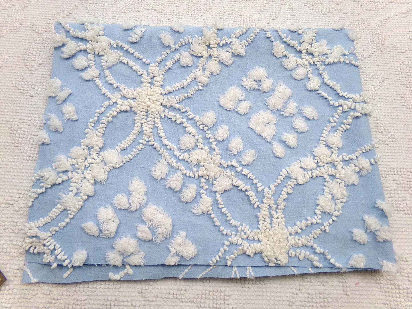 shabby beach chic vintage chenille fabric, 19" x 21" piece w/ snow white pops & links on sky blue cotton