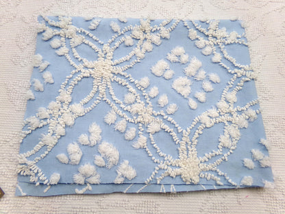 shabby beach chic vintage chenille fabric, 19" x 21" piece w/ snow white pops & links on sky blue cotton