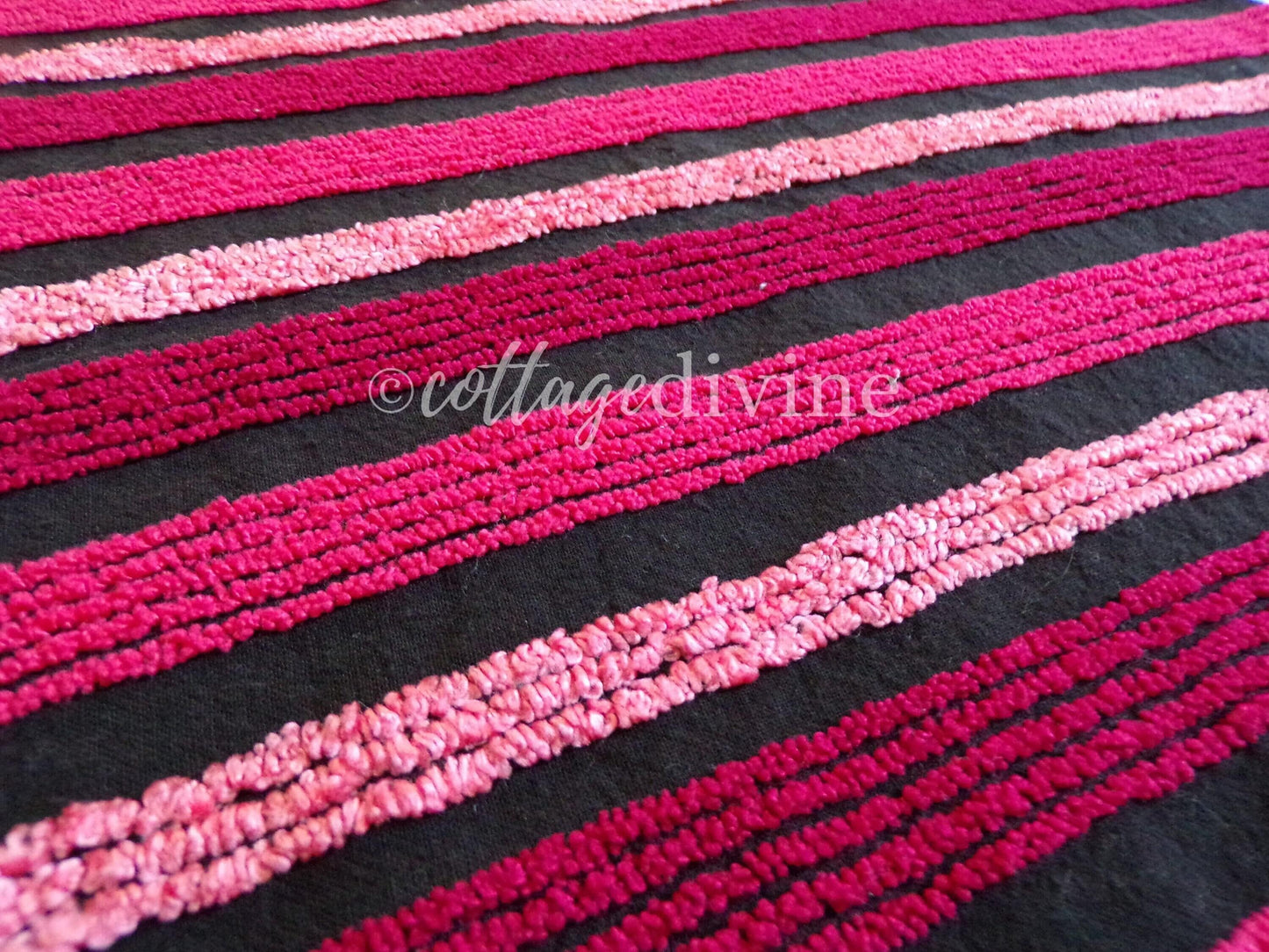 Pink on Black Stripes Vintage Chenille Fabric in Multisize Striped Pattern, 20" x 24" Piece, Shabby Chic Lightweight Cotton