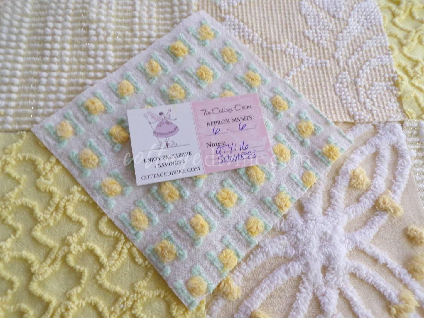 Cheerful Chenille Quilt Squares Set from Vintage Bedspread Fabric, 17 Blocks, 6" x 6" inch, Sunny Yellows