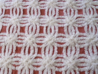 Earthy Terracotta Vintage Chenille Fabric, Plush White Tufted Petal Design, 20" x 24" inch Piece, 100% Cotton Material for Quilts & Crafts