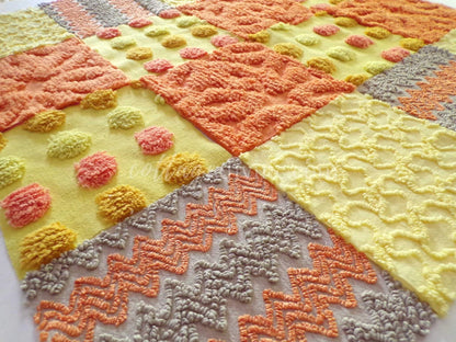 retro hippie daze chenille fabric squares, set of 16 vintage 6" x 6" inch quilt blocks for crafts, sewing, fiber arts