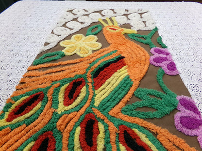 boho peacock vintage chenille bedspread fabric exotic bird brown orange 13x21" small piece