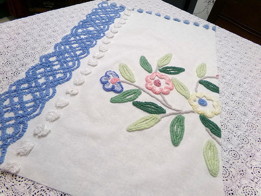 Cottage Style Vintage Chenille Bedspread Fabric 17x24" Blue White Floral