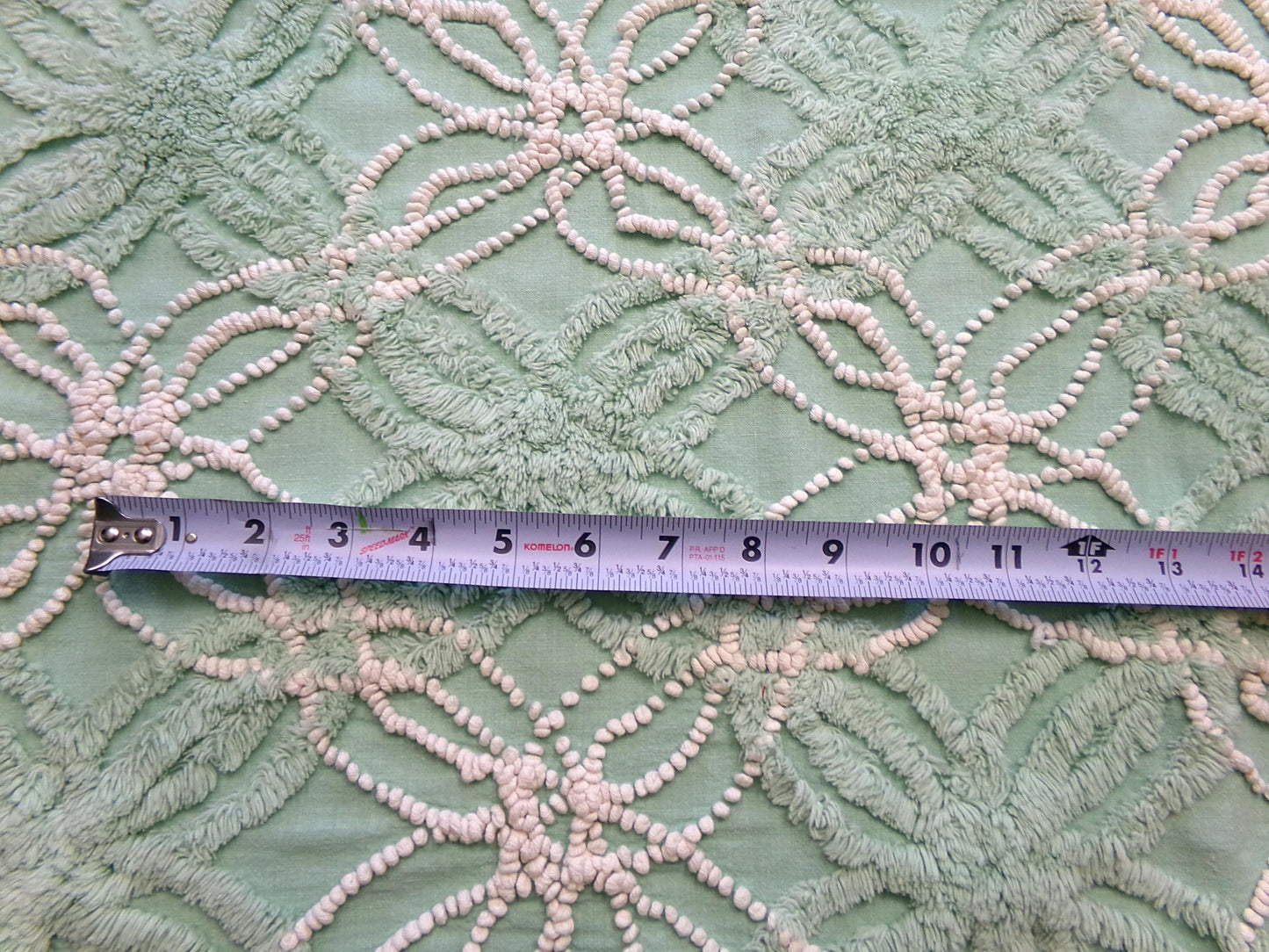 trendy jade green vintage chenille fabric: 18" x 24" piece w/ contrast spider rings for quilting, crafts