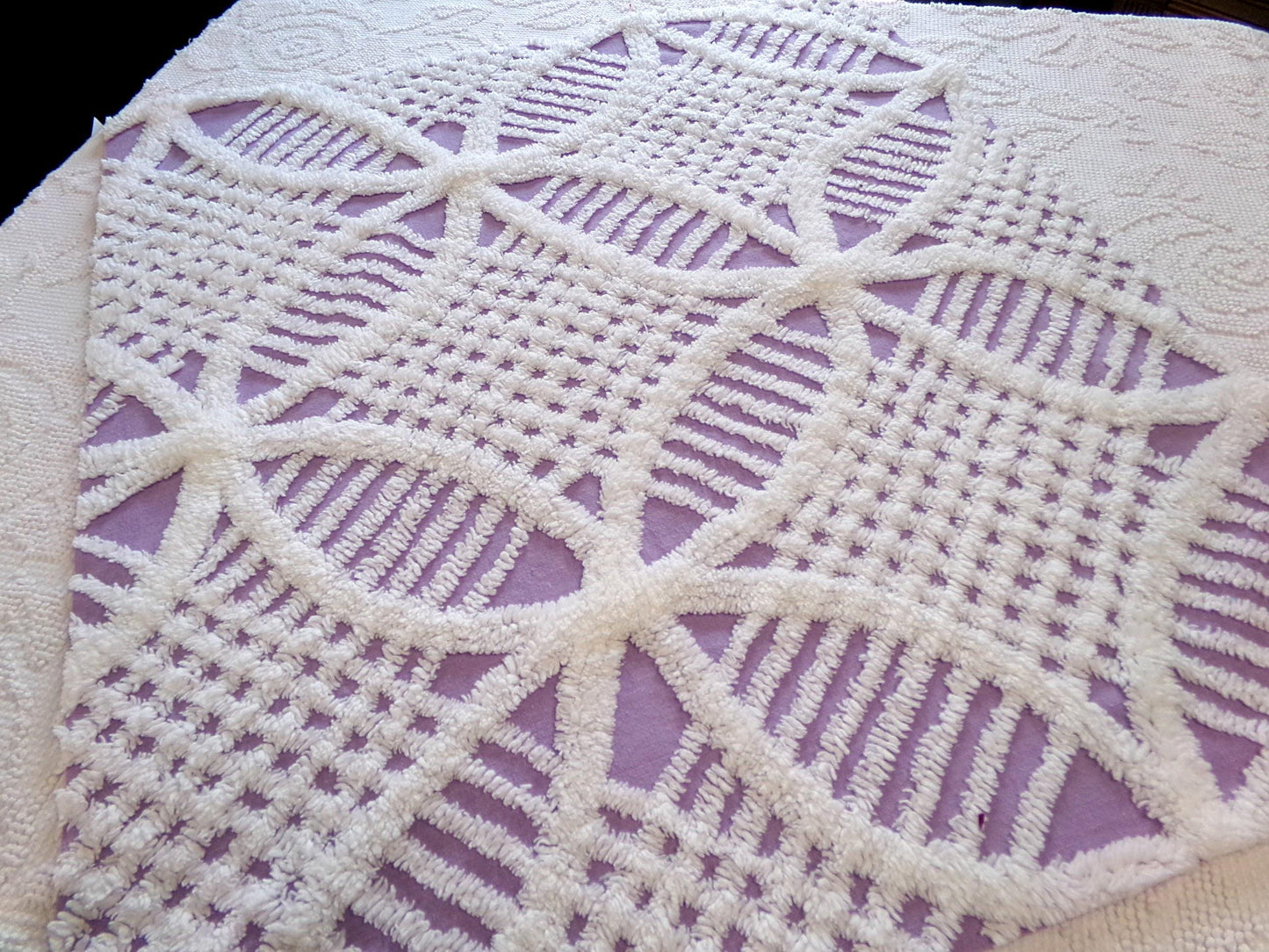 Spring Lavender Vintage Chenille Fabric, white geometric design, sewing craft quilt material, 22" x 25" piece