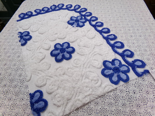 Vintage Chenille Fabric Piece, Blue White Floral Coastal Chic Quilting Material 14x25"
