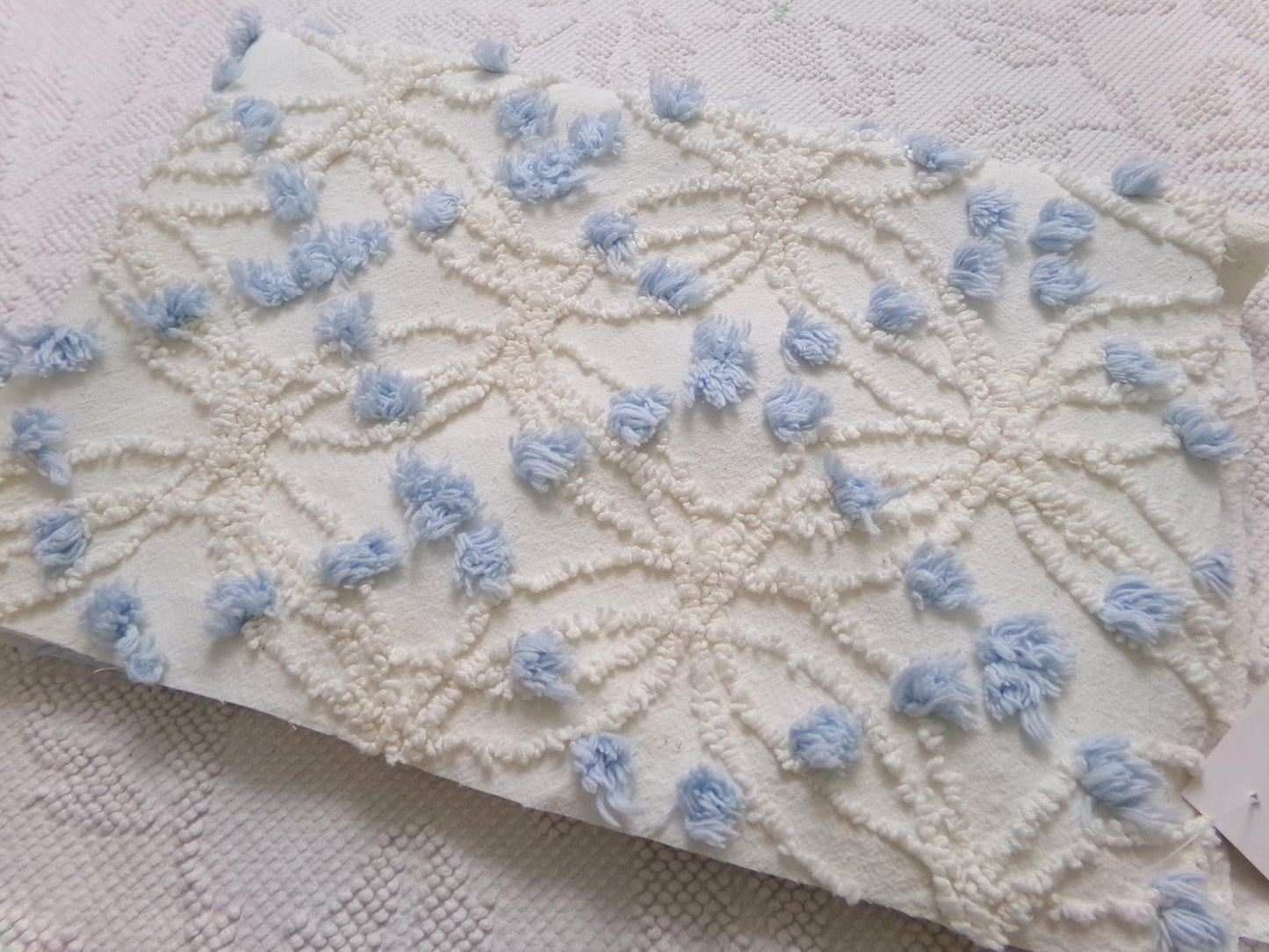 Coastal Style Vintage Chenille Bedspread Fabric, Delicate Wedding Rings & Sky Blue Dots, 18" x 25"