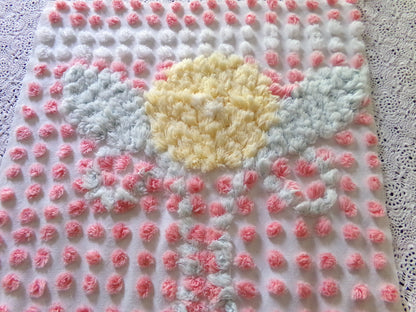 Precious Pink Pops Vintage Chenille Fabric, 15" x 28" Inch Piece, 100% Cotton, Antique Handtufted Plush Flower, Great for DIY Pillows