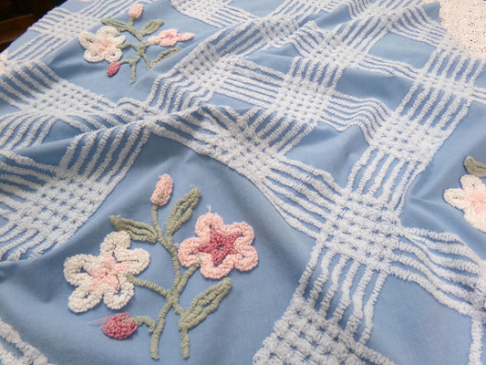 Coastal Floral Vintage Chenille Bedspread Fabric Blue & White 25 x 27" Piece