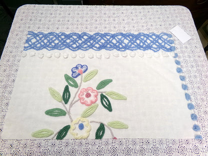 cottage style vintage chenille bedspread fabric 17x24" blue white floral