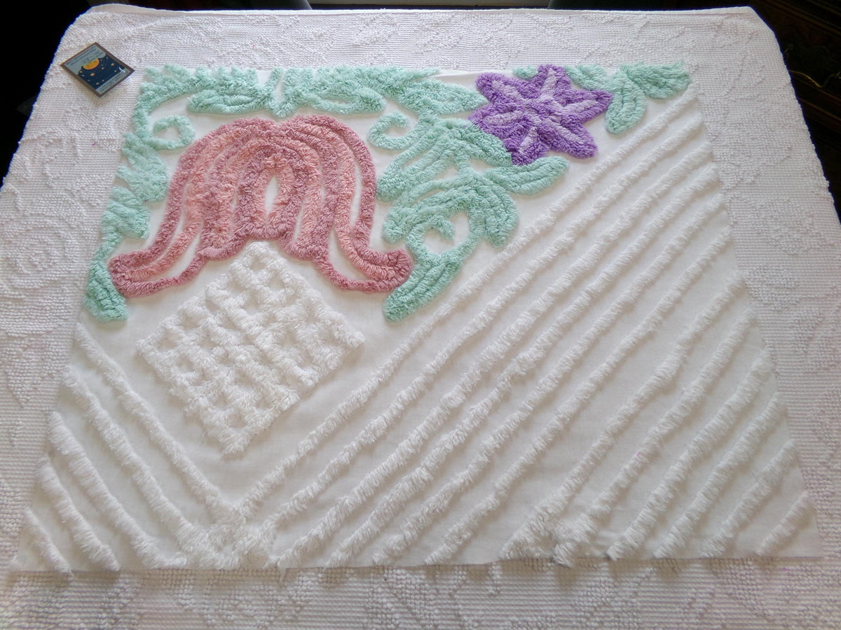 Pink Tulip Vintage Chenille Fabric, Cottage Style 23x20" Craft Textile