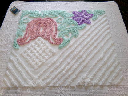 Pink Tulip Vintage Chenille Fabric, Cottage Style 23x20" Craft Textile