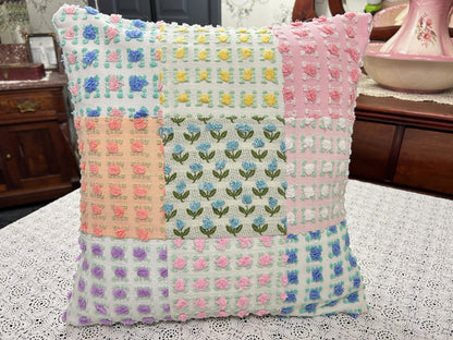 Vintage Rose Chenille Pillow Cover, 16" Square Reversible Patchwork Floral Design