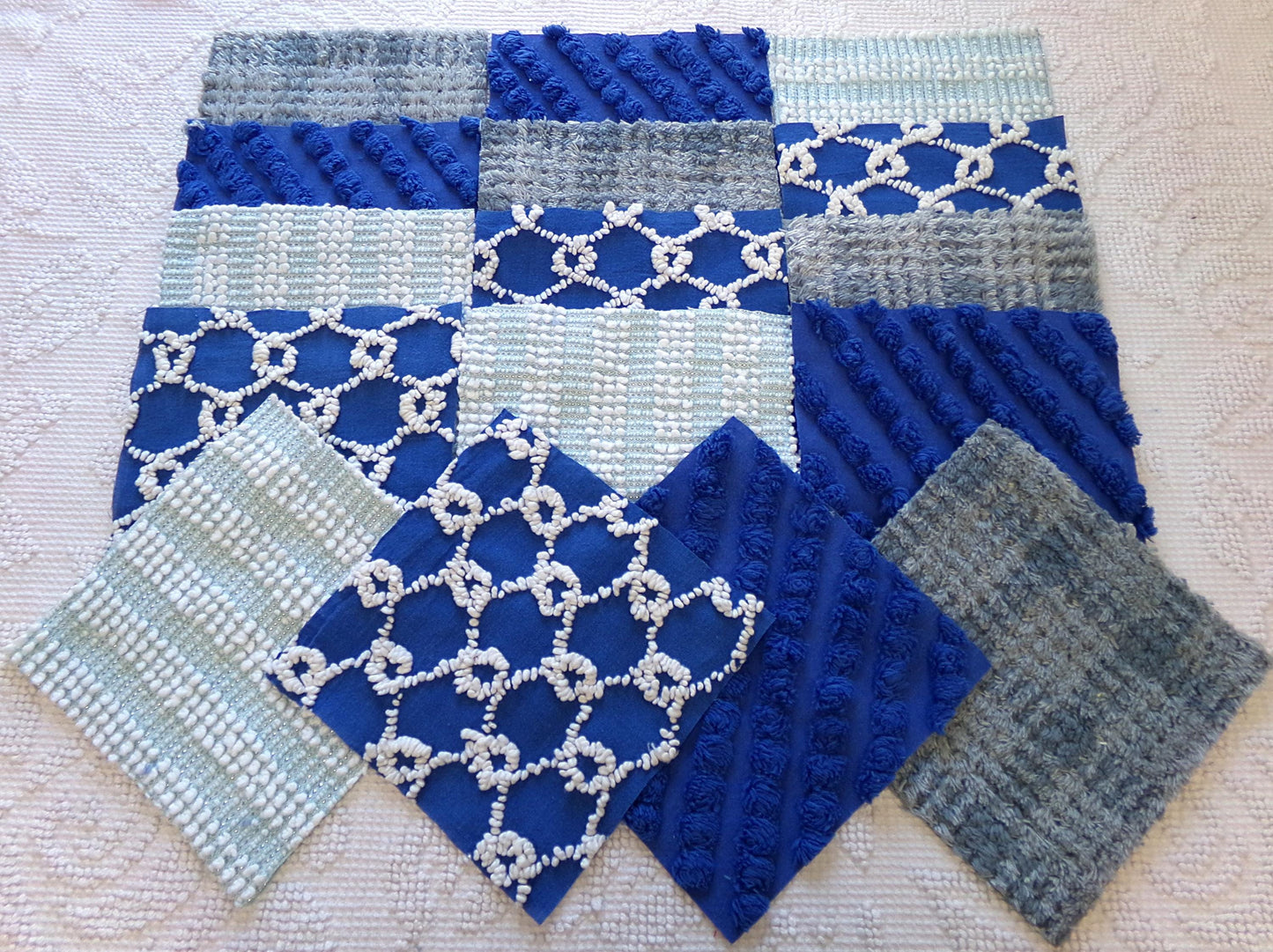 Vintage Chenille Fabric Squares - Set of 16 - Sporty Grey, White & Blue - 6" Quilt Blocks