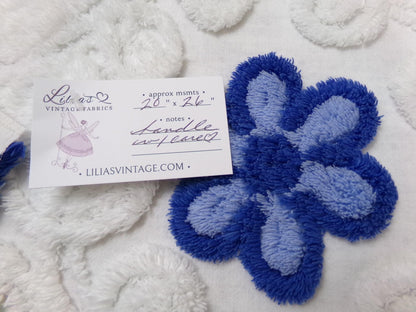 Vintage Chenille Bedspread Fabric, Plush Blue Flowers White Curlicues, 20x26" Piece