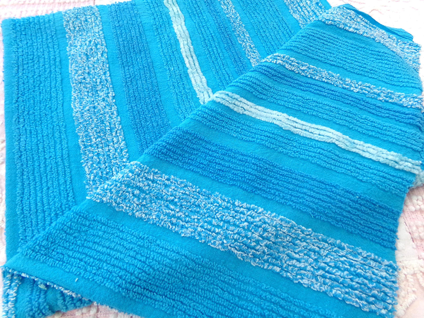 mermaid blue vintage chenille fabric, bright variegated multisize stripes, 20" x 24" piece of sewing material