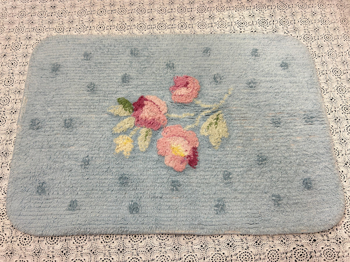 Small Vintage Chenille Rug, Pink Roses & Dots Blue 16" x 24" Accent Mat / Wall Hanging