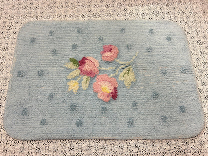 Small Vintage Chenille Rug, Pink Roses & Dots Blue 16" x 24" Accent Mat / Wall Hanging