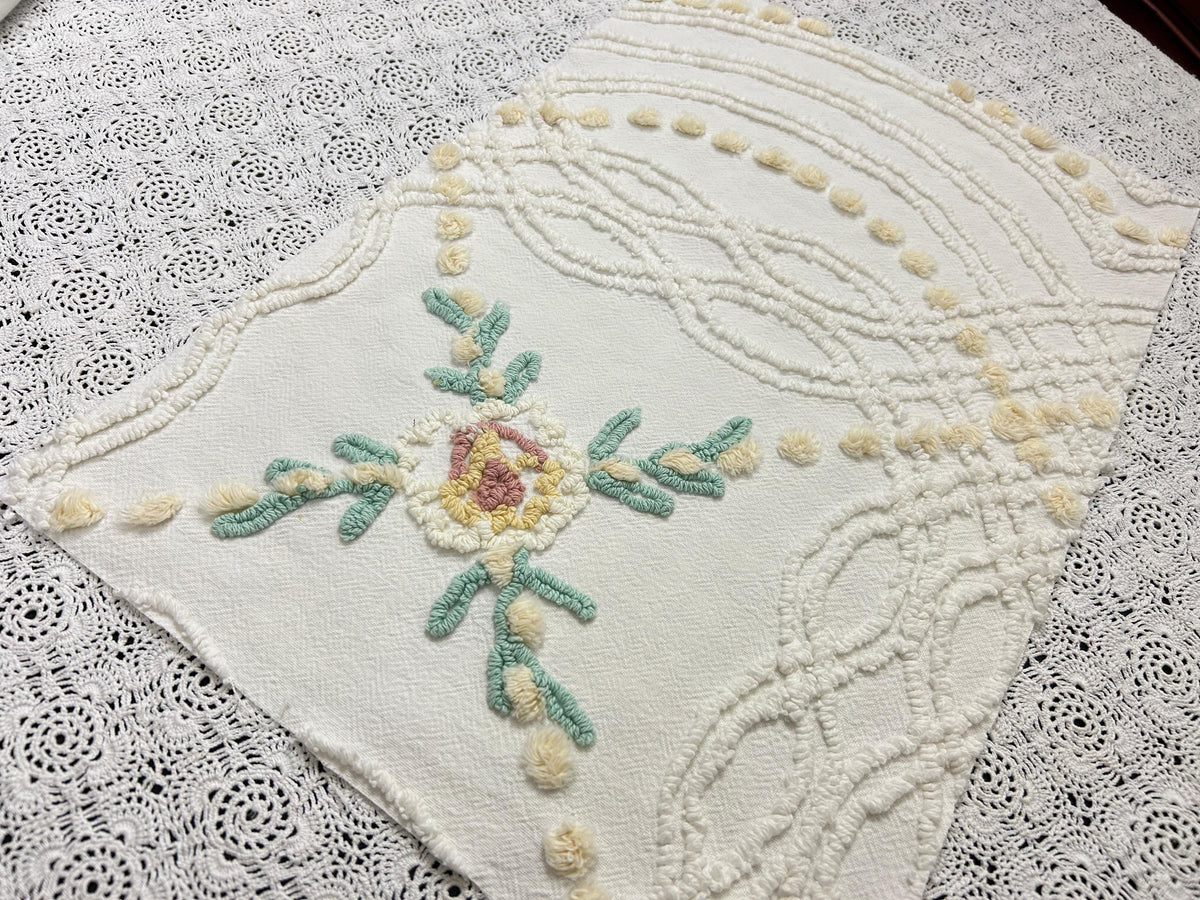 Vintage Rose Chenille Fabric, Cottage Chic 12x18" Cream Floral Sewing Textile