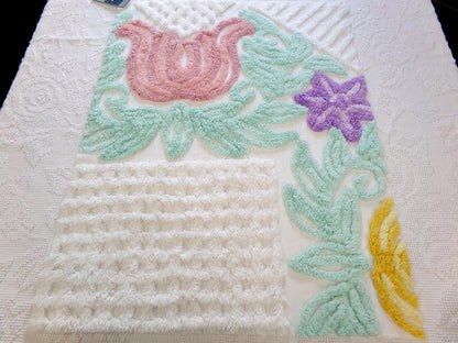 big pink tulip vintage chenille fabric, tropical floral design on white cotton, 18" x 24" piece, upcycle for wallhanging, pillows