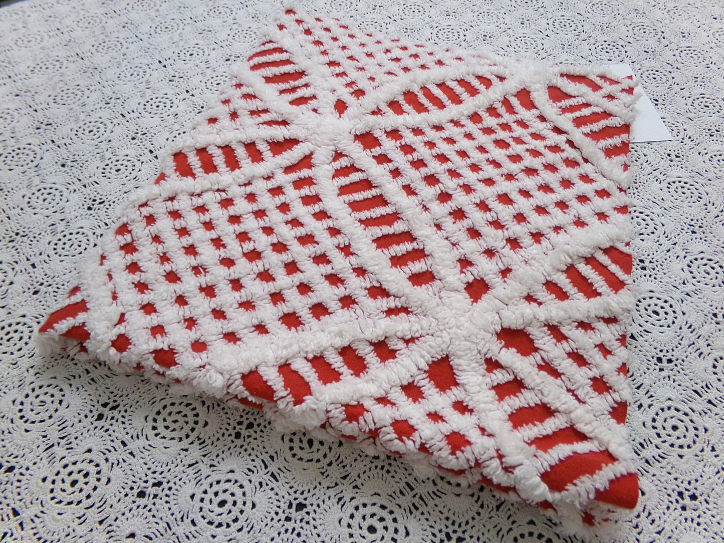 red & white vintage chenille fabric, geometric design 20" x 24" piece quilt material