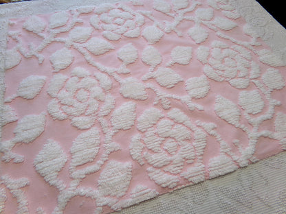 sculpted rose pink vintage chenille fabric, stylized roses cottage chic sewing material, 24" x 20" piece