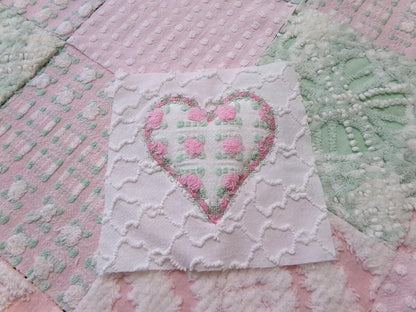 Vintage Chenille Quilt Squares, Pink Green, White 6" Fabric Blocks, Set of 17 for Quilting & Crafts