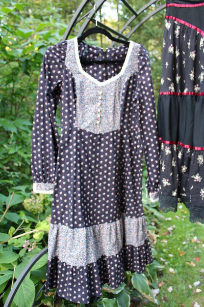 Dark Cottagecore Vtg Clothing Lot: 2 Prairie Dress, 1 Gunne Sax Boho Black Skirt