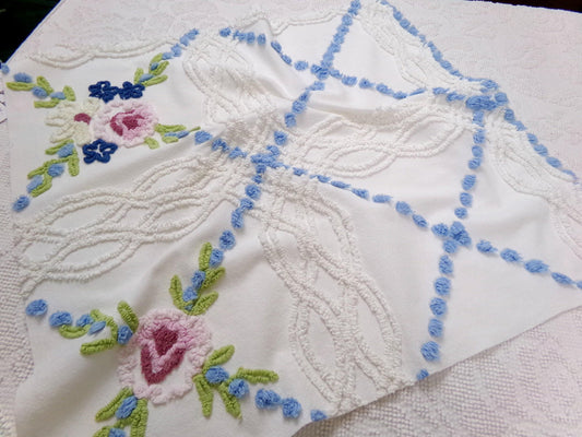 Shabby Coastal Vintage Chenille Fabric, Blue & White Floral Sewing Material 21" x 23" Piece