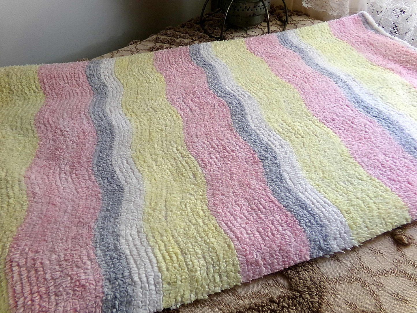 soft cozy striped chenille fabric, vintage 20" x 24" piece of lightweight sewing material in pink, yellow, white & grey ripple stripes