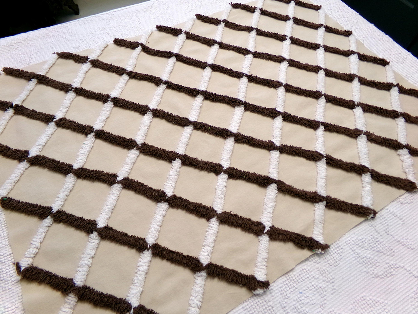crosshatch vintage chenille fabric in mocha, chocolate brown & white, 18" x 27" piece