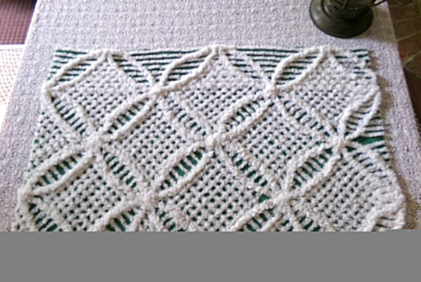 green & white vintage chenille bedspread fabric, 18" x 26" geometric design
