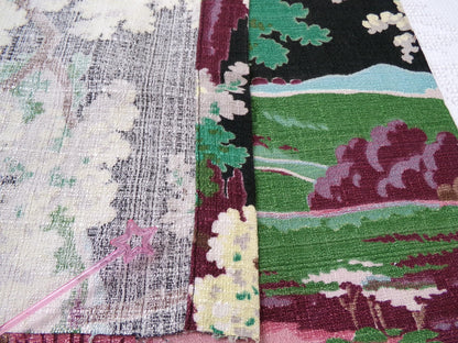 Moody Surreal Vintage Barkcloth Fabric Spooky Black Pink Mystic Winding Path, 20" x 35"