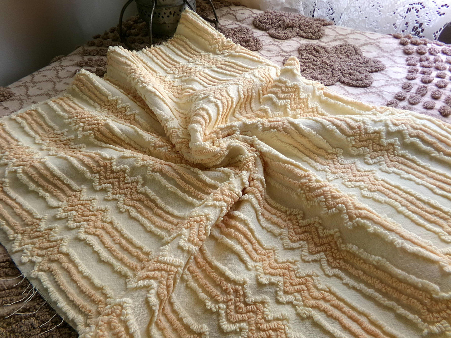cosmic vintage chenille fabric in fantastic yellow lightning strike pattern, 16" x 27" cut fabric piece w/ needletuft zig zag zaps