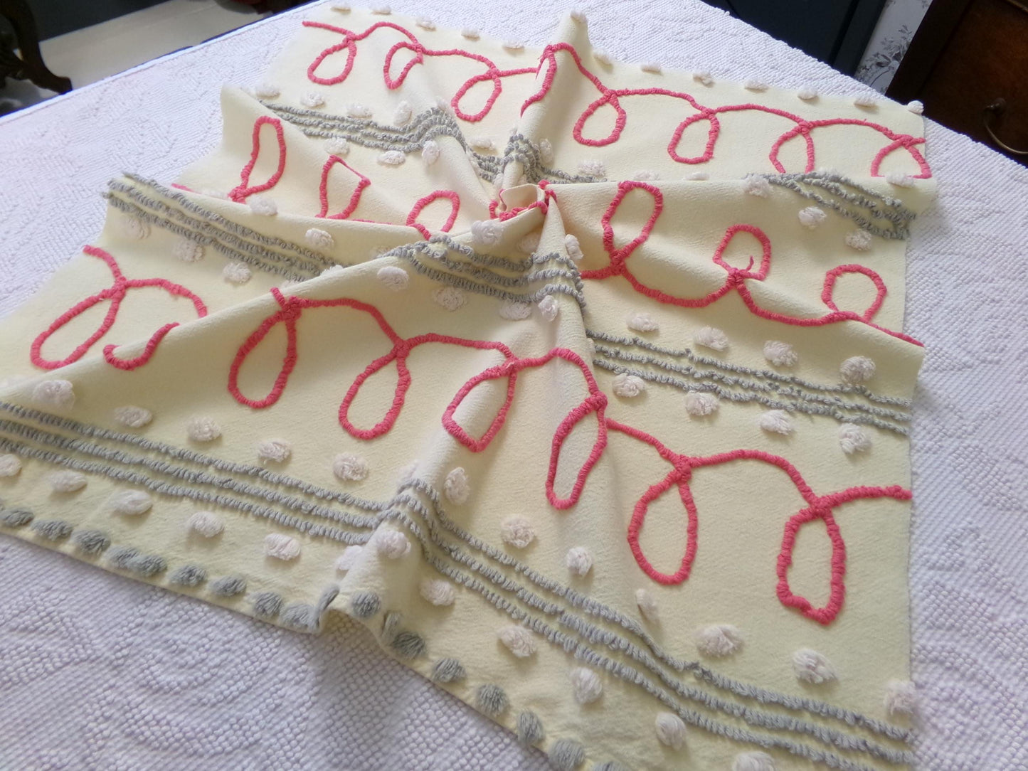 red doodles vintage chenille bedspread fabric, unique quilt & sewing material, 24" x 24" piece