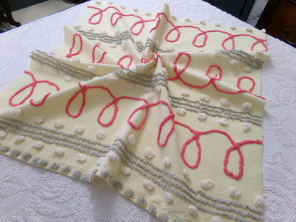 red doodles vintage chenille bedspread fabric, unique quilt & sewing material, 24" x 24" piece