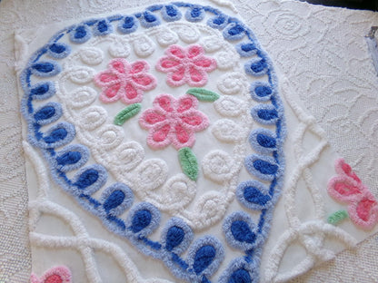 shabby heart vintage chenille fabric, pink roses w/ blue curlicue swirls, 18" x 22" piece of sewing material great for pillow