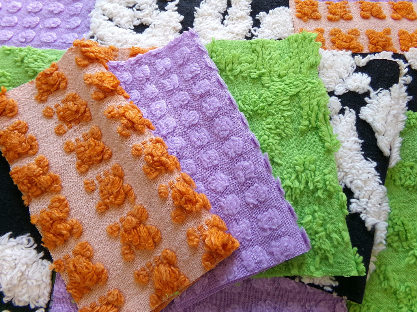 boho witchy vintage chenille fabric squares, set of 16 spellbinding 6" blocks for crafts, sewing in orange, black, green & lavender