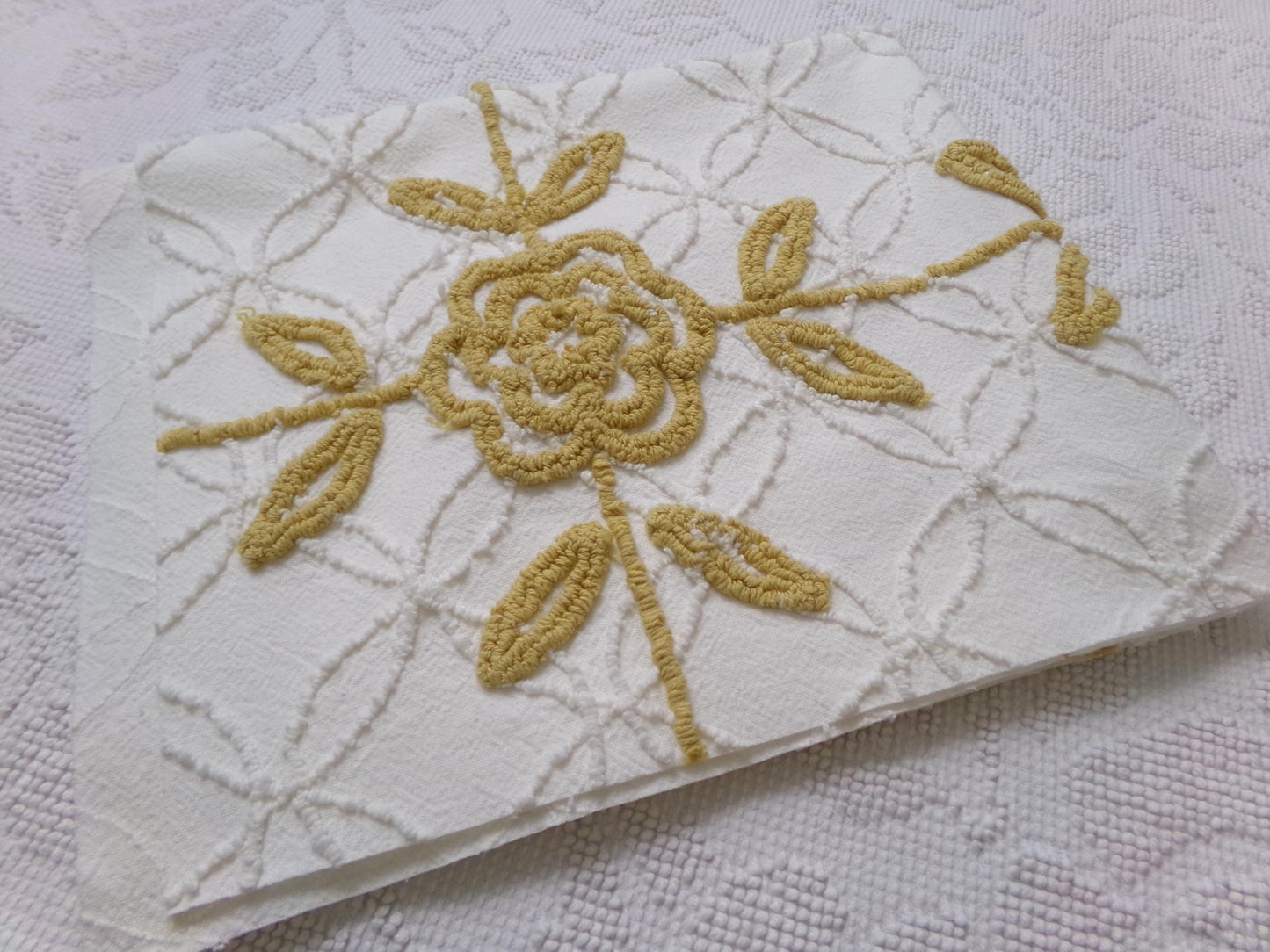 Vintage Tufted Chenille Fabric Piece, Directional Golden Rose Sewing & Quilt Material 22" x 26"