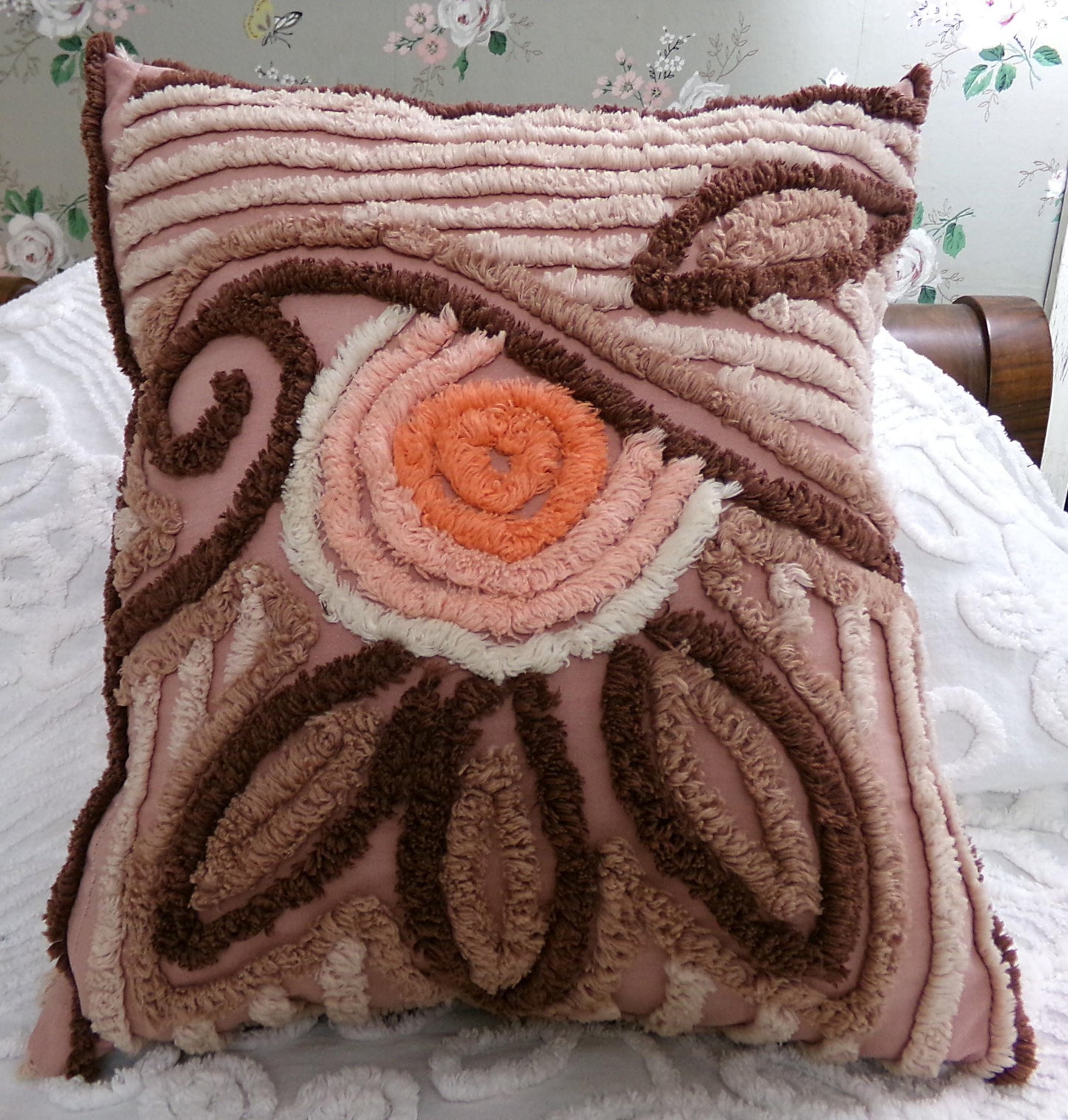 Sunset Rose Boho Vintage Chenille Pillow Cover & Insert, 13" x 14" inches, Handmade Decorative Accent Pillow, Hippie Home Decor