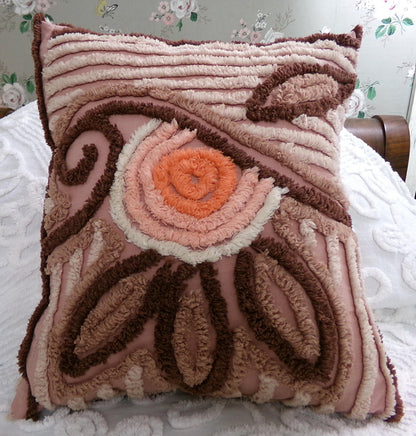 Sunset Rose Boho Vintage Chenille Pillow Cover & Insert, 13" x 14" inches, Handmade Decorative Accent Pillow, Hippie Home Decor