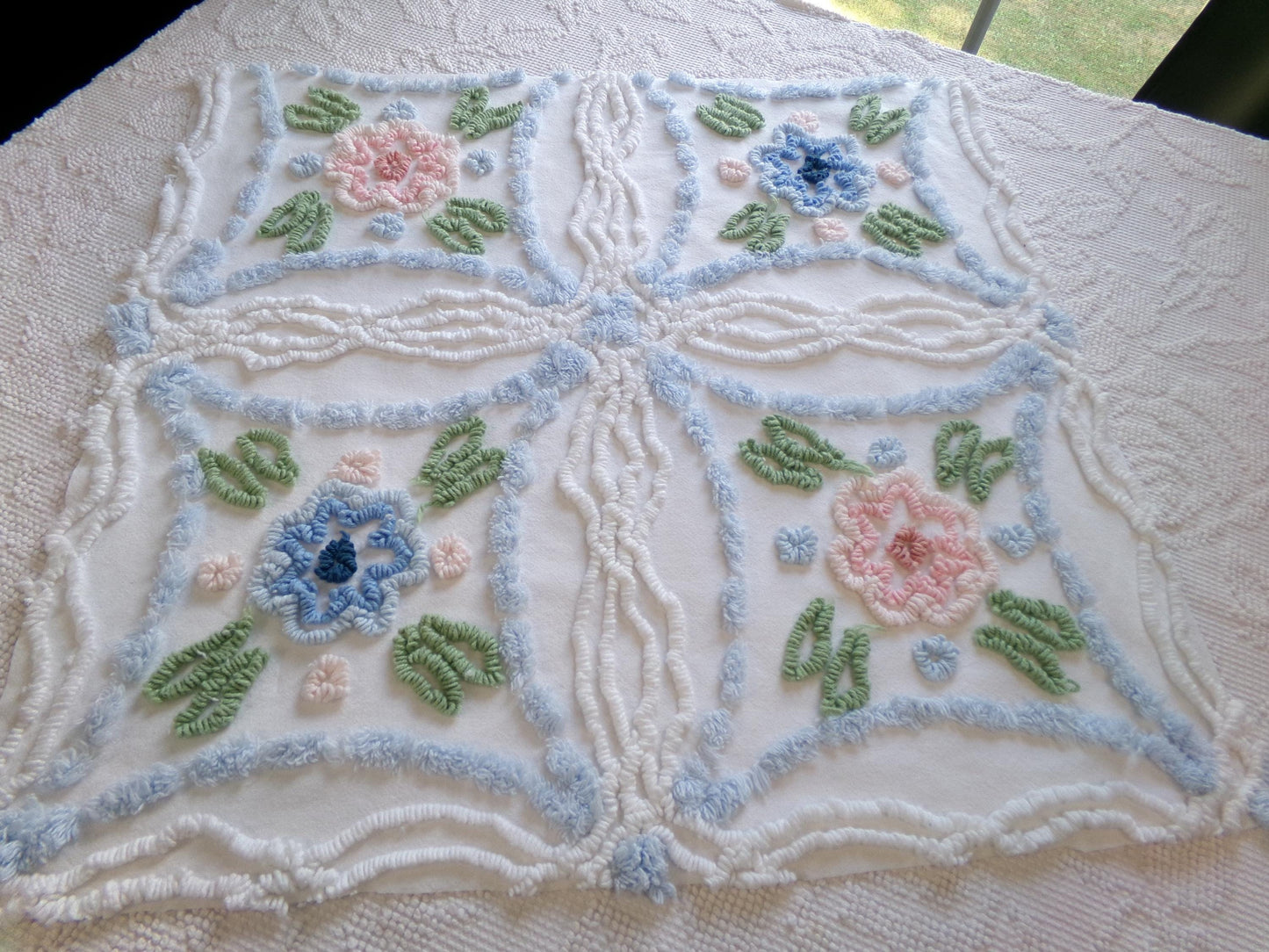 Cottage Vintage Chenille Fabric, 20" x 21" Piece Floral White Sewing Quilt Material